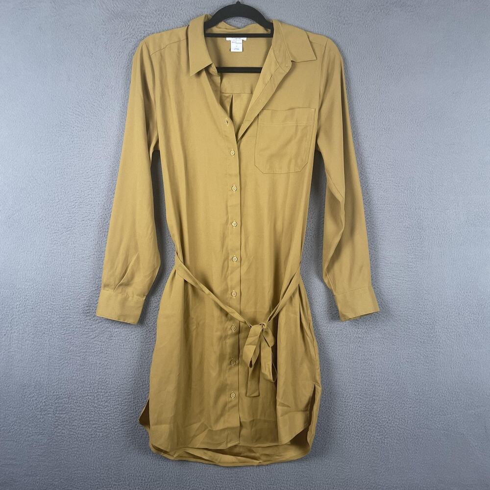 Daily Ritual Dress Womens S Gold Shirt Dress Collared Belted Long Sleeve Satin